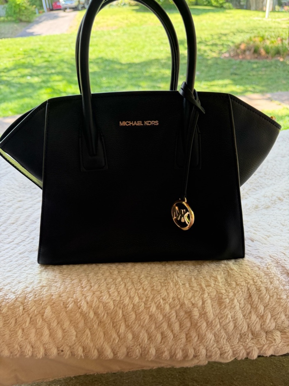 Michael Kors Black Leather Satchel with Gold MK Charm
